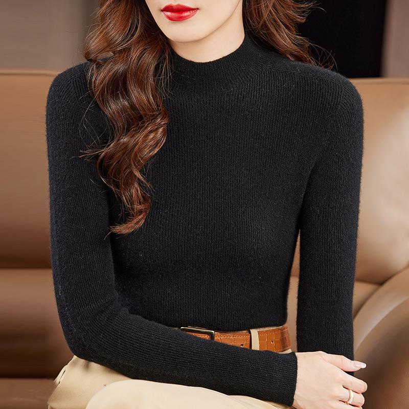 Women's Slim Fit High-Neck Wool Sweater - Long Sleeve Knit Base Layer for Autumn/Winter