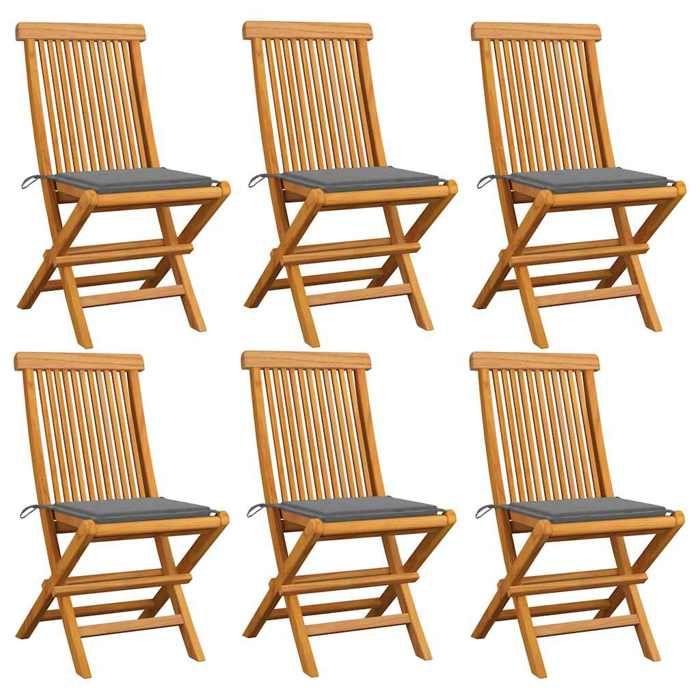 Chaise de jardin - VIDAXL - 6 pcs - Bois de teck massif - Coussins gris - Résistantes aux intempéries