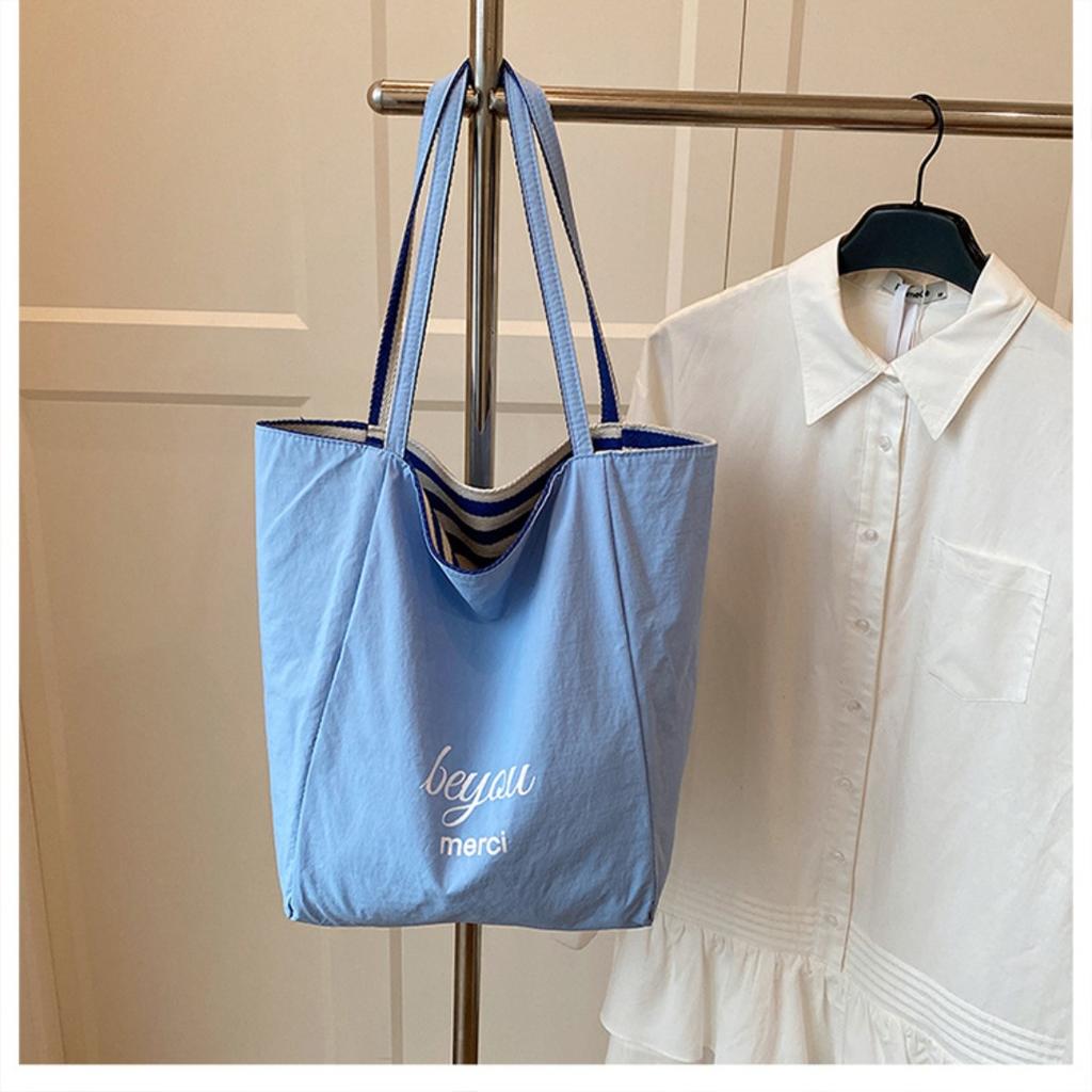 Striped Canvas Double-sided Usable Bag, Tote Bag, Casual Shoulder Bag, Large Capacity Shopping Bag