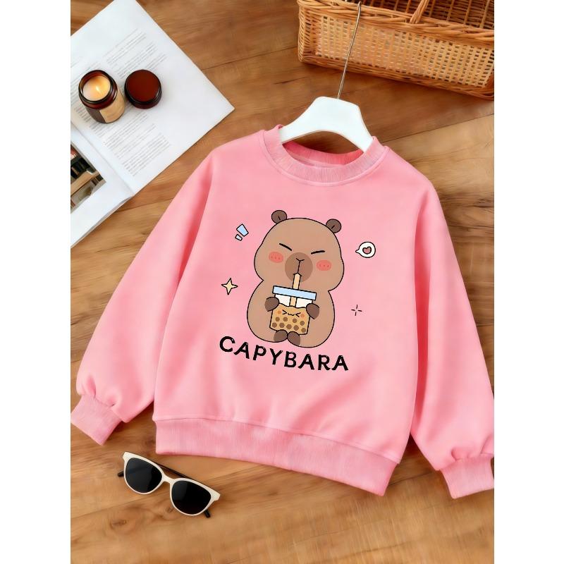 Kids Sweatshirt Crewneck Sweatshirt , Fashionable  Sweatshirt with Capybara Milk Tea Cartoon Print, Kids' Fashion Casual Wear
