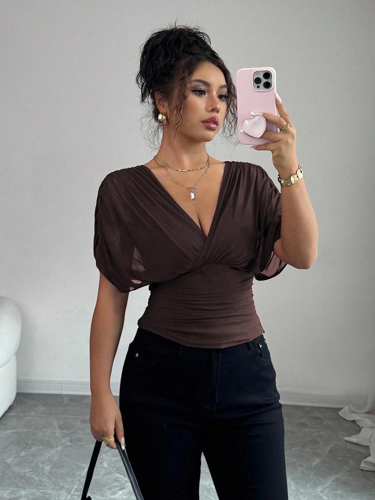 European and American Fashion Deep V-neck Puff Sleeve Fitted Waist Women's Top