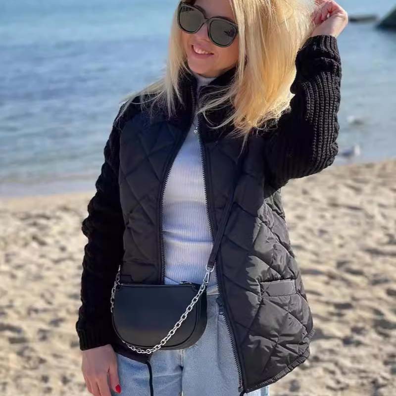 Chaqueta acolchada de algodón con cuello alto y manga larga para mujer, abrigo informal con cremallera fina para otoño e invierno, manga de punto empalmada