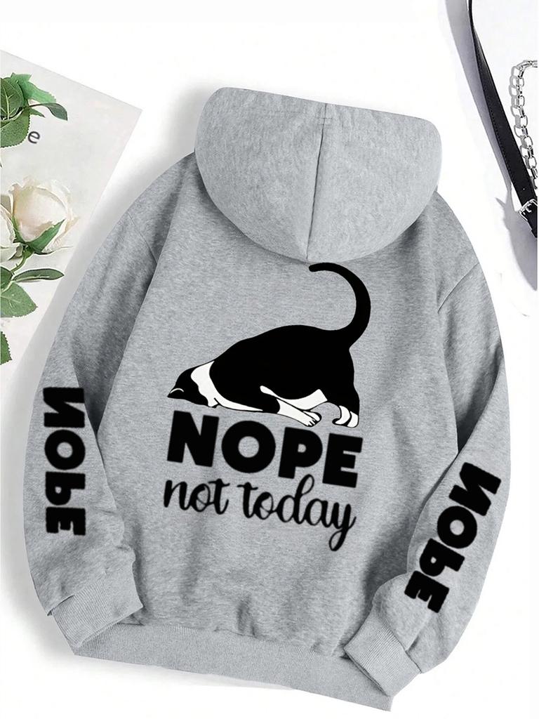Casual Woman Men Hoodies Nope Not Today Cute Cat Printing Pullovers Loose Pocket Warm Fleece Sweatshirts Autumn Female Clothing