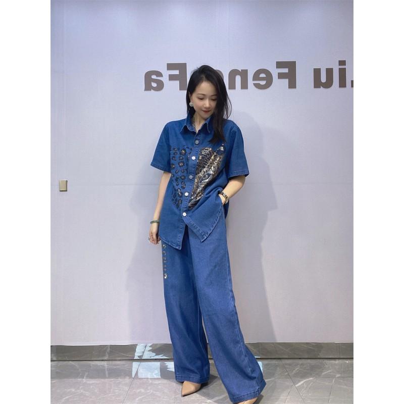 Plus Size Womens Denim Set Rhinestone Short Sleeve Top High Waist Wide Leg Pants Two Piece