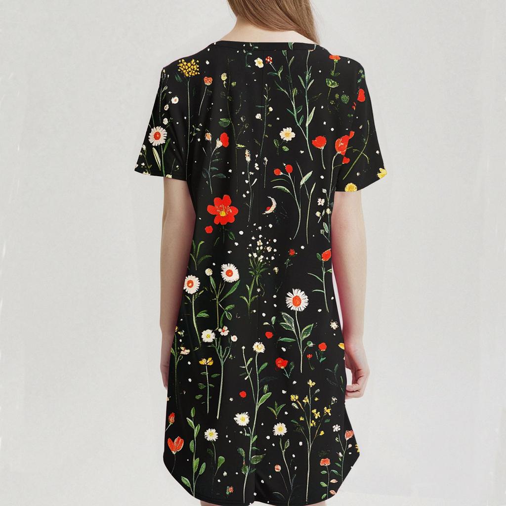 Damen Modisches Und Lässiges V-Ausschnitt Blumenmuster Mittellanges Taschen Kurzarm Oberteil