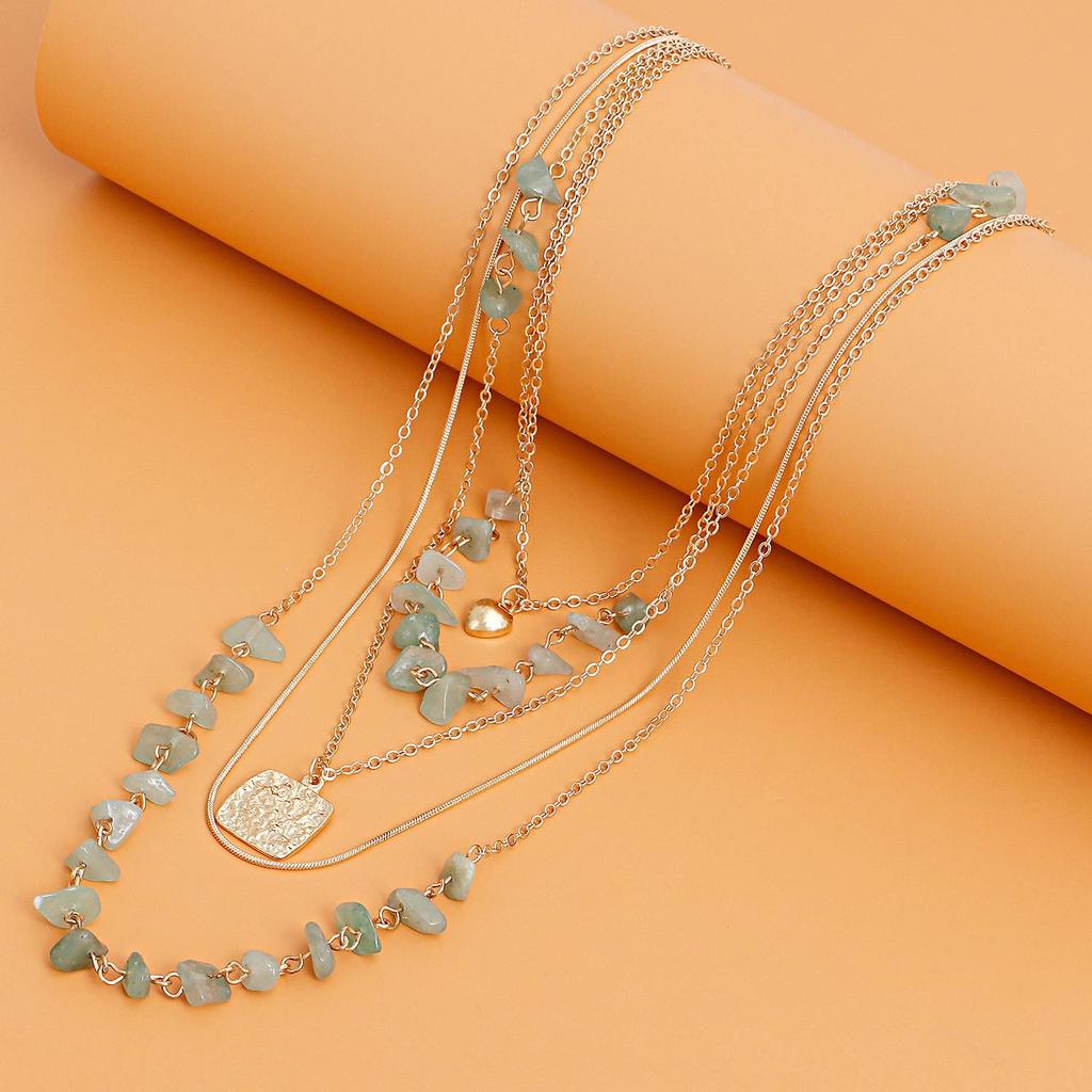 Retro Stacked Multi-layer Small Hole Chain Turquoise Square Mini Love Pendant Necklace Women