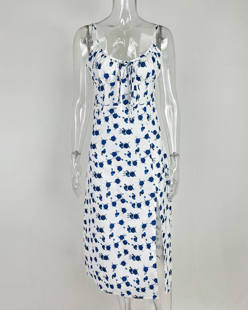 European & American Summer Floral Print Ruched Tie-Up Slit Camisole Dress