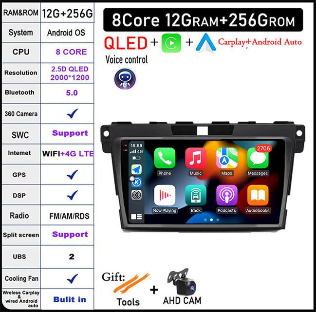 QLED Android 14 Car Radio For Mazda CX7 CX-7 CX 7 2008 - 2015 Car Multimedia Navigation GPS Video Carplay Auto BT RDS Stereo