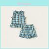 Ensemble Deux Pièces Gingham d'Été pour Fille avec Short en Dentelle pour Enfants Âgés de 3 à 8 Ans