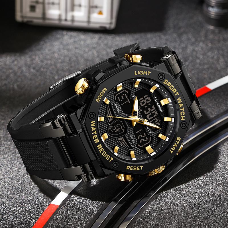 FOXBOX Fashion Luxury Electronic Watch Silicone Casual Sport Waterproof Luminous Multifunctional Quartz Digital Watches for Mens
