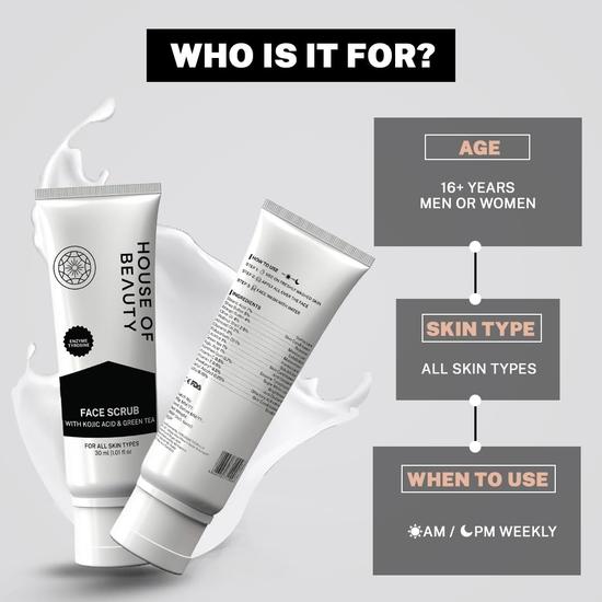 HOUSE OF BEAUTY Exfoliante Facial con Ácido Kójico y Extracto de Té Verde - Elimina Células Muertas y Suciedad, Reduce los Poros Abiertos (30ml)