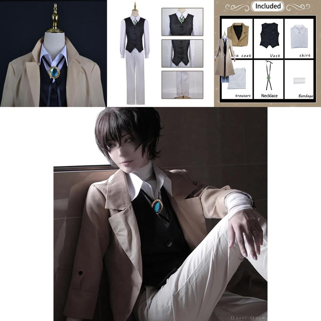 Luksusowy Kostium Cosplay Dazai Osamu Peruka Płaszcz Bungo Stray Dog Halloween Karnawał