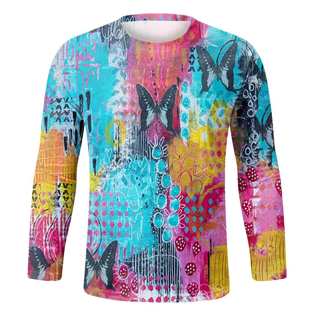 Spring and Autumn Round Neck 3D Printed Top Fashionable Casual Colorful Long Sleeved Men's T-shirts