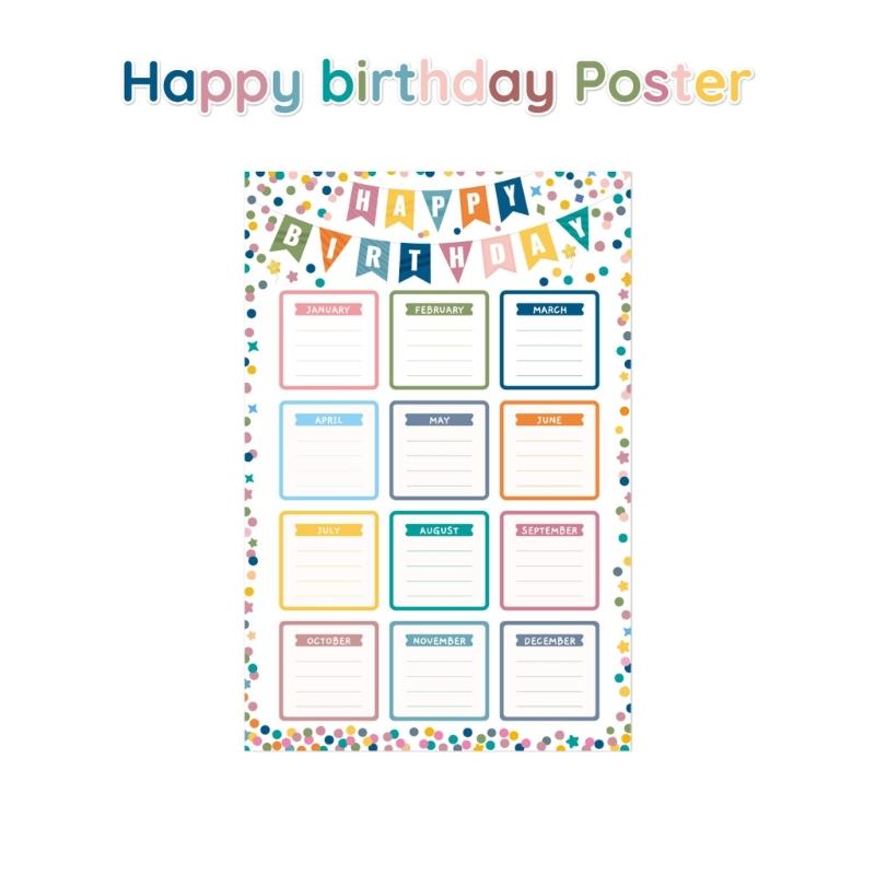 Teacher Birthday Board Poster Set, 4 Paper Classroom Charts with Monthly Name Sections for School Display and Daycare Use