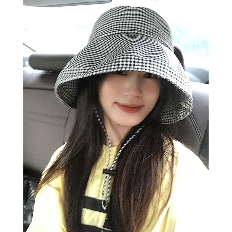 Fashionable Bucket Checkered Hat For Women Adjustable Size Uv Protection Cap Summer