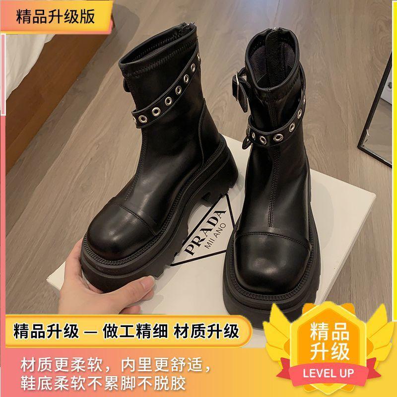 

Женские черные ботинки на толстой подошве в британском стиле, новая осенняя модель, увеличивающие рост, универсальные, в стиле ретро, тонкие короткие ботинки, облегающие ботинки 40