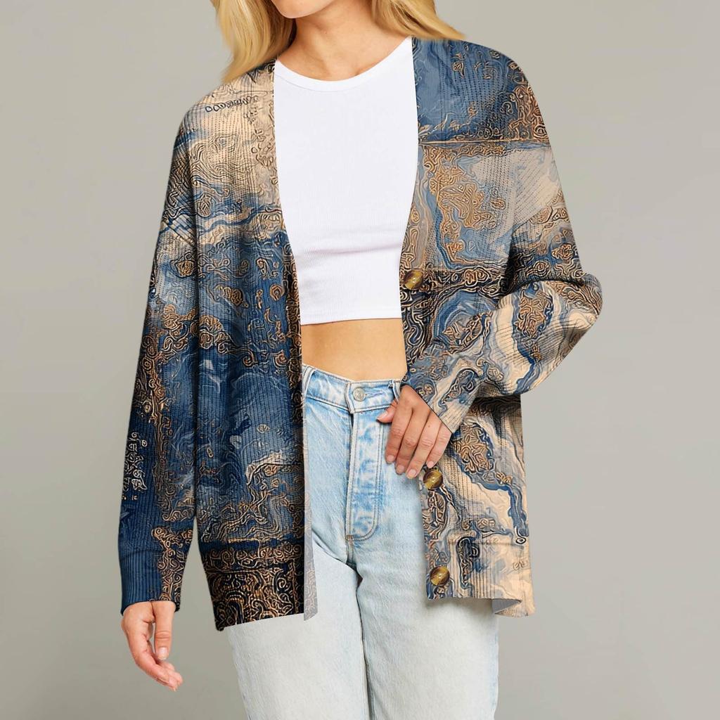 Dámský módní kardigan s dlouhým rukávem, vánočním potiskem, výstřihem do V a knoflíky, volný top