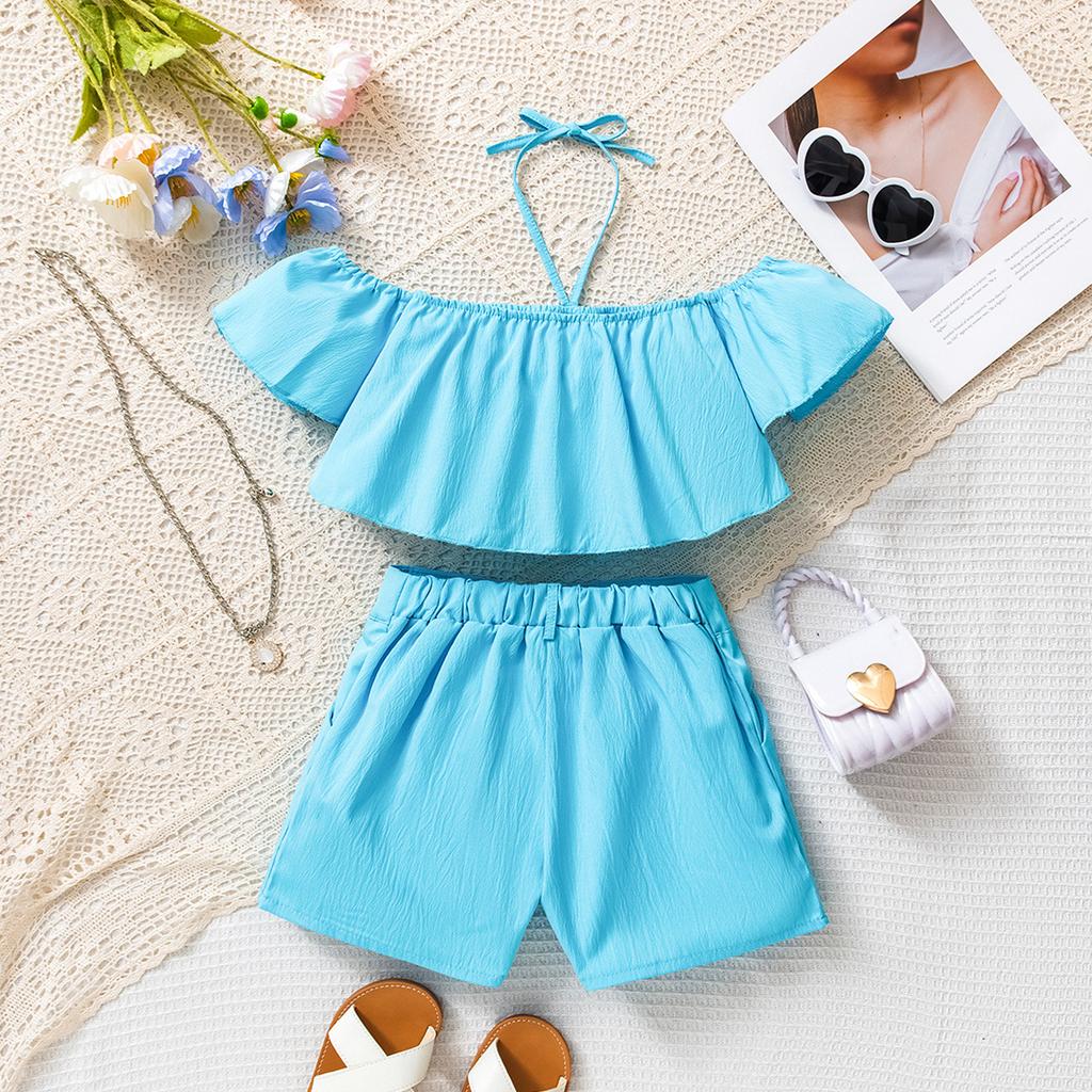 Dívčí ležérní oblek Letní dětská móda Top s jedním ramenem a krátkým rukávem + Šortky Dvoudílný set