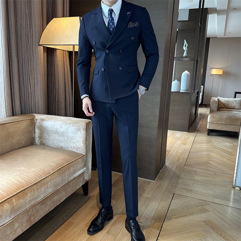Men's Striped Double-Breasted Slim-Fit Business Casual Suit