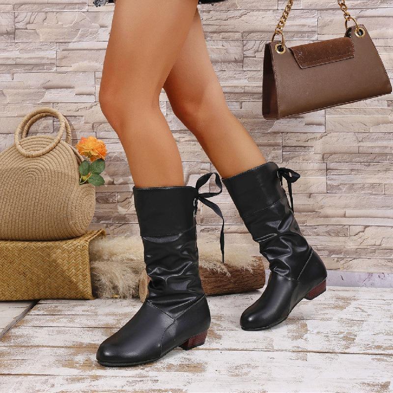 Cross-border New Large-size Lace-up Thin High Boots Women's Autumn and Winter White Student Thick-heeled Leather Knight Boots