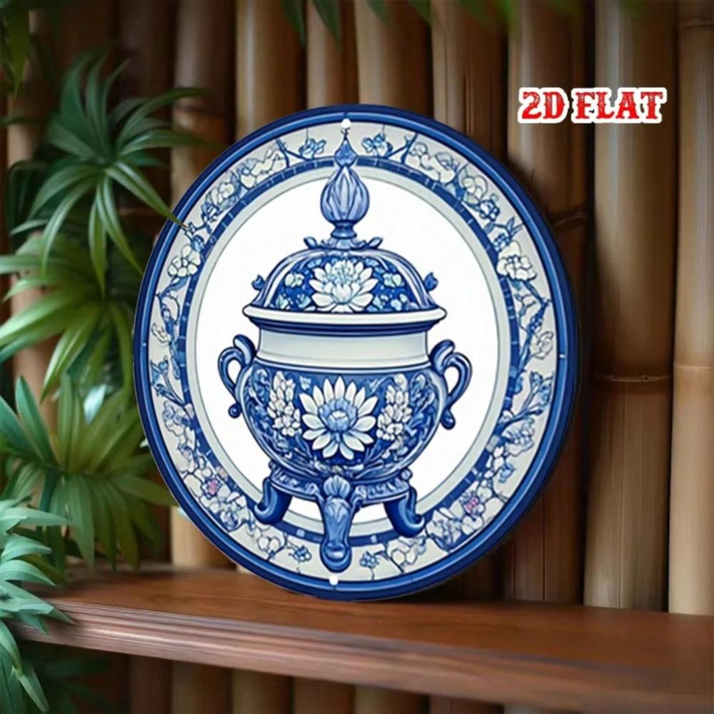 Vintage Blue White Porcelain Floral Metal Sign 7.8 Inch Round Rustproof Wall Decor For Cafe Beach Home Plate Art