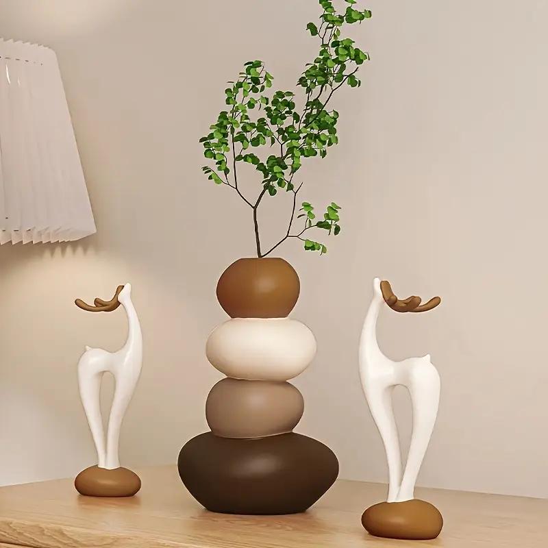 3pcs Creative Resin Stacked Stone Vase and Deer Collectible Figurine Set | Unique Christmas Gifts for Living Room, Bedroom, Office Desk, Bookshelf