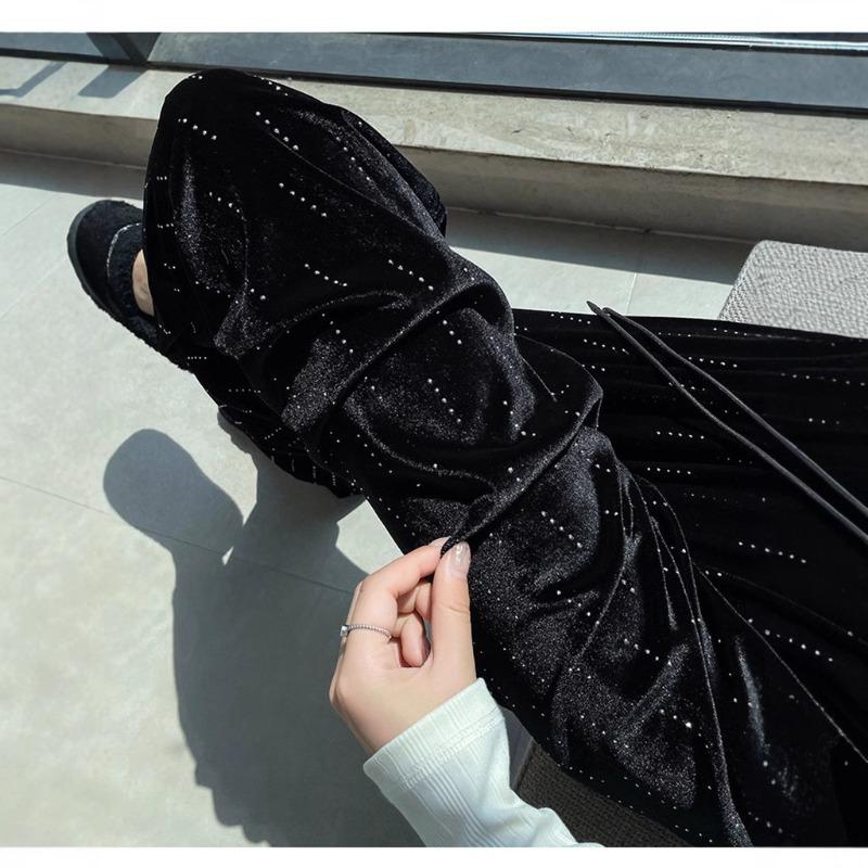 Spring and Autumn Hot Diamond Velvet Casual Pants Black High Waist Drawstring Loose Straight Pants Meteor Shower Diamond Lazy Mopping Pants