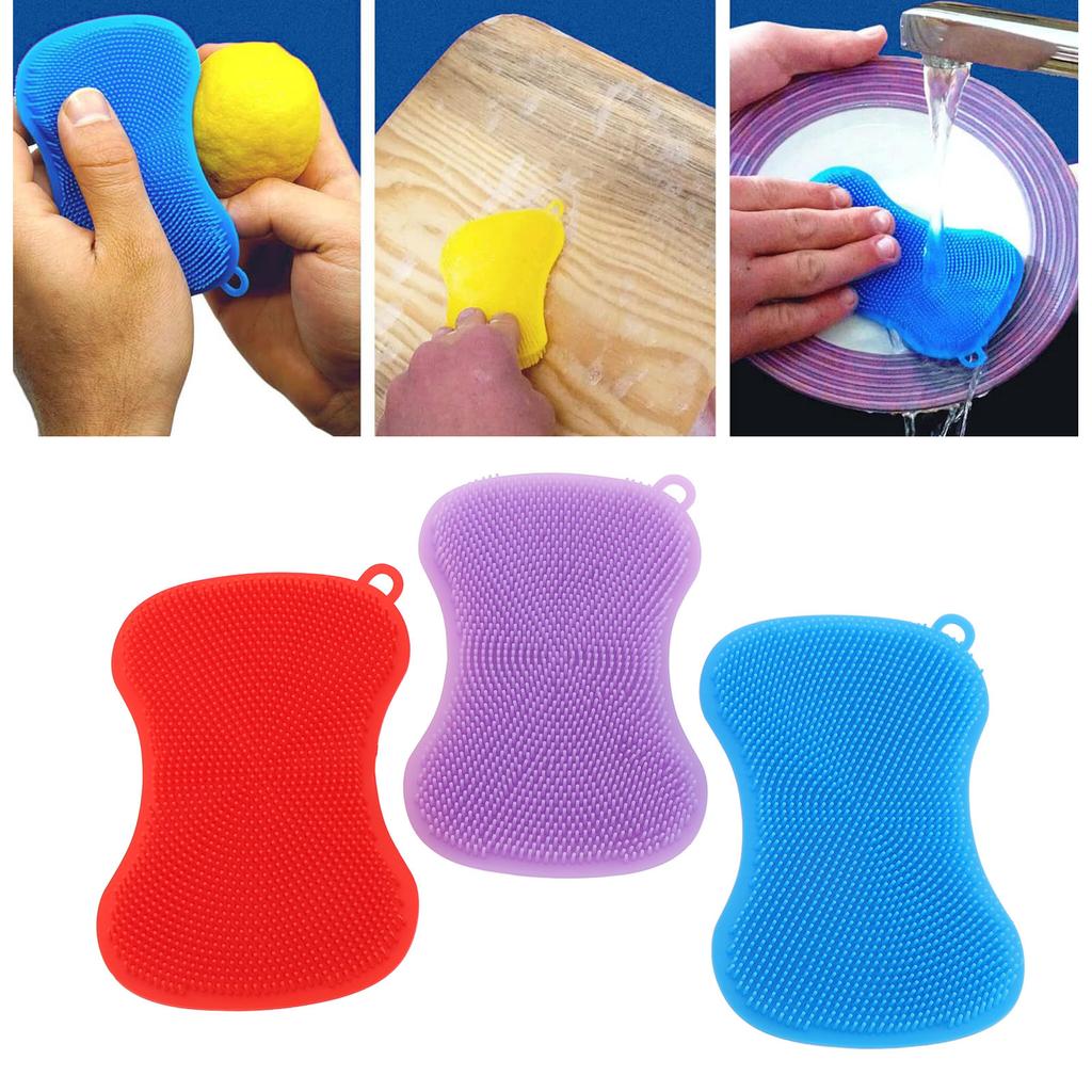 3 Pcs Silicone Dish Scrubbing Sponge Non Stick Slip Resistant Multi Purpose Efficient Silicone Kitchen Scrubber Pad with Hanging Hole
