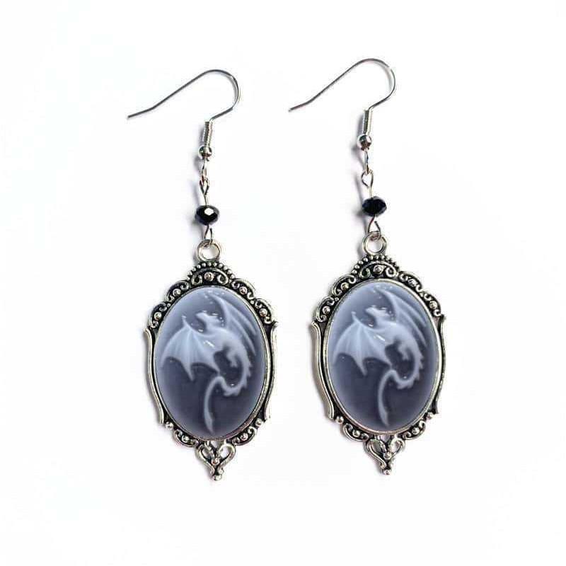 Vintage Gothic Dragon Pendant, Victorian Style, Black & White Cameo Dangle, Antique Earrings
