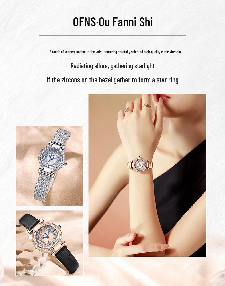 Oufanny Women's Retro Quartz Watch: Waterproof, Small Dial, Diamond Inlaid, Simple Design.