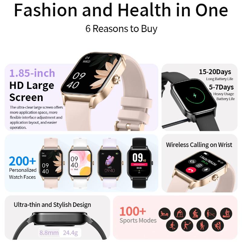 2025 Neue Mode Smartwatch Damen 1,85" HD-Bildschirm Benutzerdefiniertes Zifferblatt Gesundheitsmonitoruhr für Frauen Bluetooth-Anruf Sport-Smartwatches