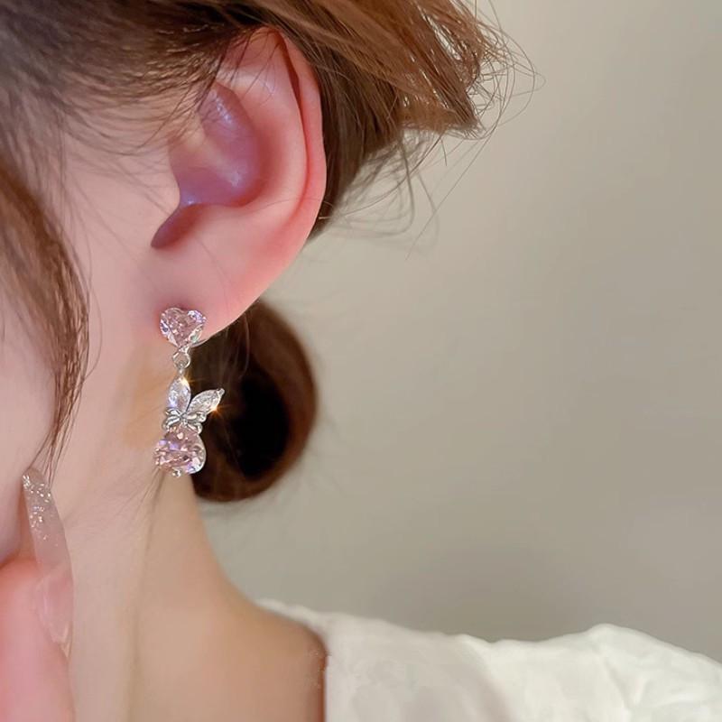 Pink Zircon Heart Bow Bunny Ear Studs Women's Fashionable Luxury Silver Needle Cute Earrings