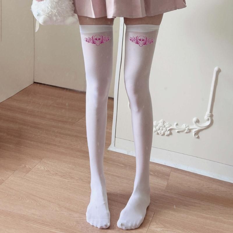 Halloween Skull Print Stockings for Women Girl Silk Leggings Tights Sock Cosplay Costume Over Knee Thigh High Long Socks