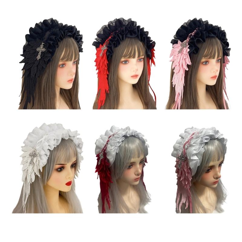 Elegant Black Gothic Headband Featuring Intricate Lace Patterns And Ornate Metal Crosses Charm Gothic Lace Hair Accessory