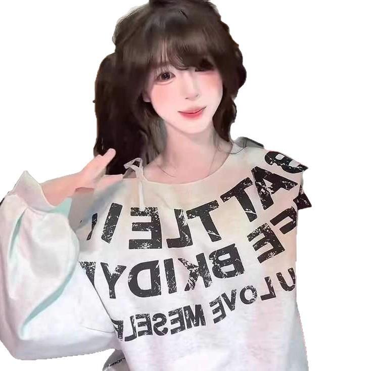 American retro sweet hottie letter print slanted shoulder sweater women's spring and autumn loose lazy wind off the shoulder