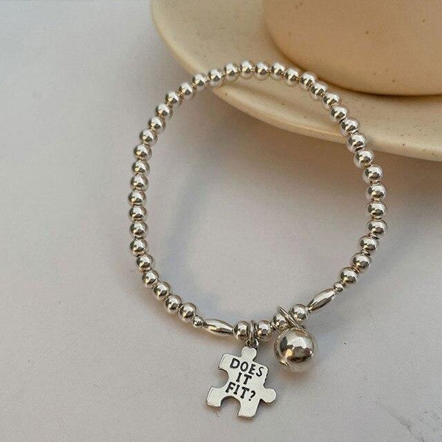 925 Sterling Silver Letter Ball Beads Elastic Chain Bracelet For Women Simple Korea Hand Jewelry