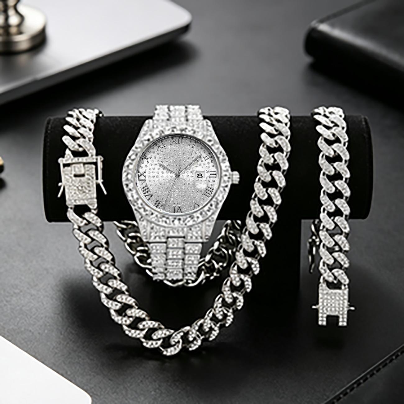 Full Diamond Hip Hop Exaggerated Large Dial Watch Colorful Explosive Unisex Quartz Watch Set