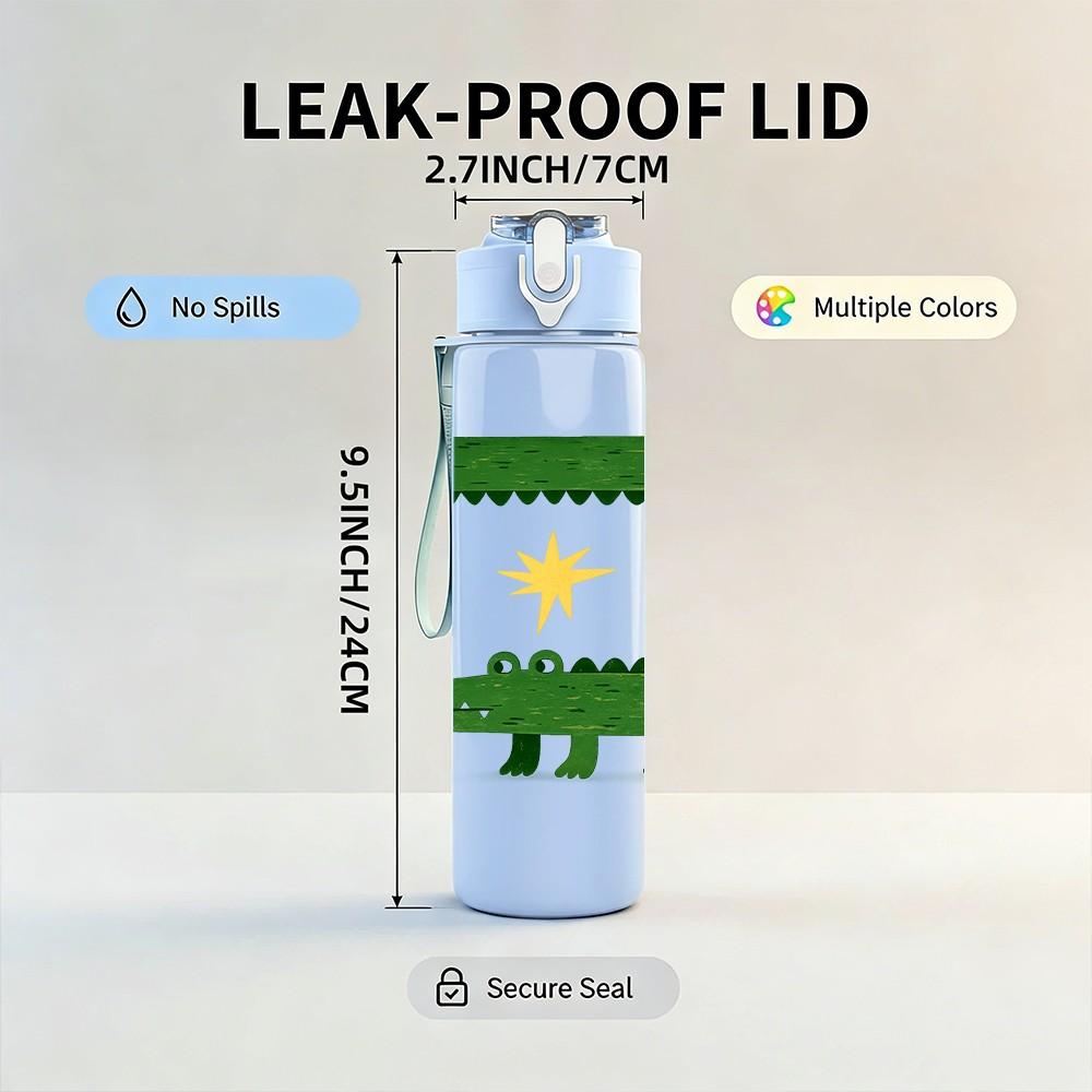 1PC Folk Art Crocodile Square Print 750ml Color Plastic Sports Water Bottle Leakproof Flip Straw Lid Suitable for Sports Office Home Use