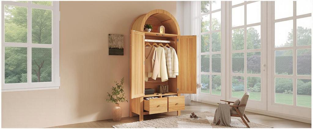 Kleiderschrank 181x78x45 cm mit Rattan-Geflecht, Eichen-Optik, Halbkreisförmiges Regal, 2 Türen mit Magnetverschluss, 2 Schubladen, Kleiderstange und Kippsicherung