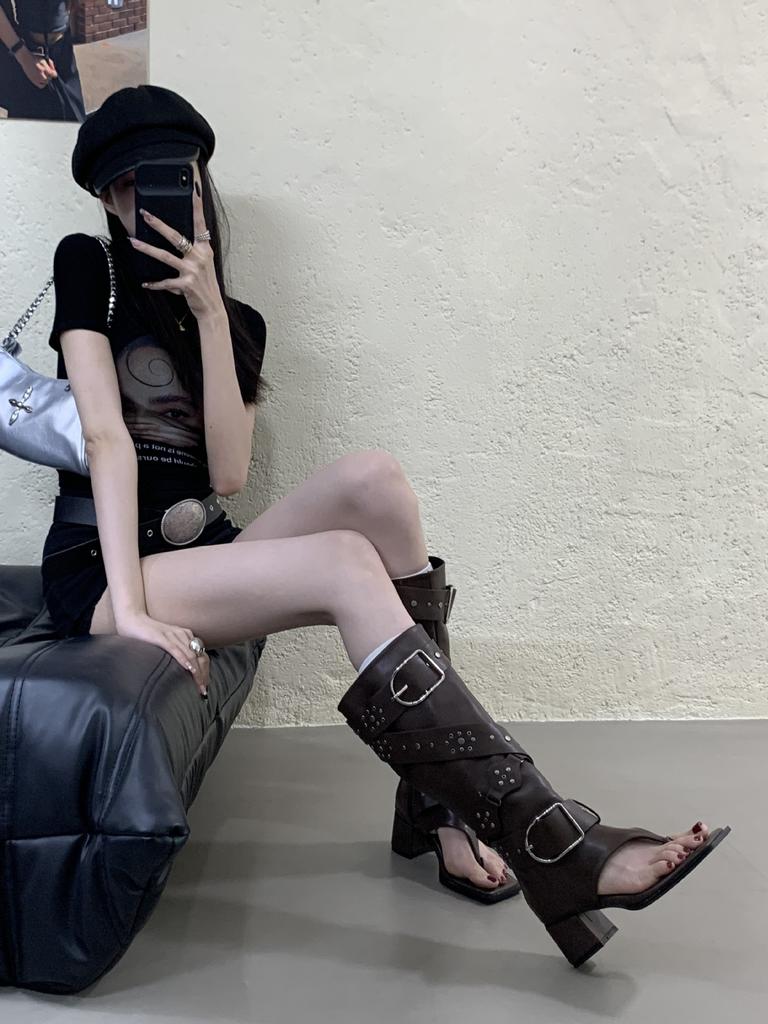 2025 Summer New Spice Girl Fried Street Toe Herringbone Cool Boots Women's Thick Heel Diagonal Long Boots Trouser Boots Western Boots