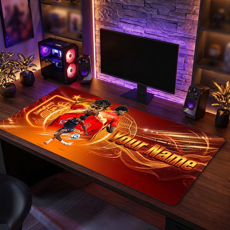 Tappetino per Mouse Grande Personalizzato Lamine Yamal, Stampa Testo Nome Personalizzato, Tappetino da Scrivania Antiscivolo con Logo Calcio, Regalo per Gamer