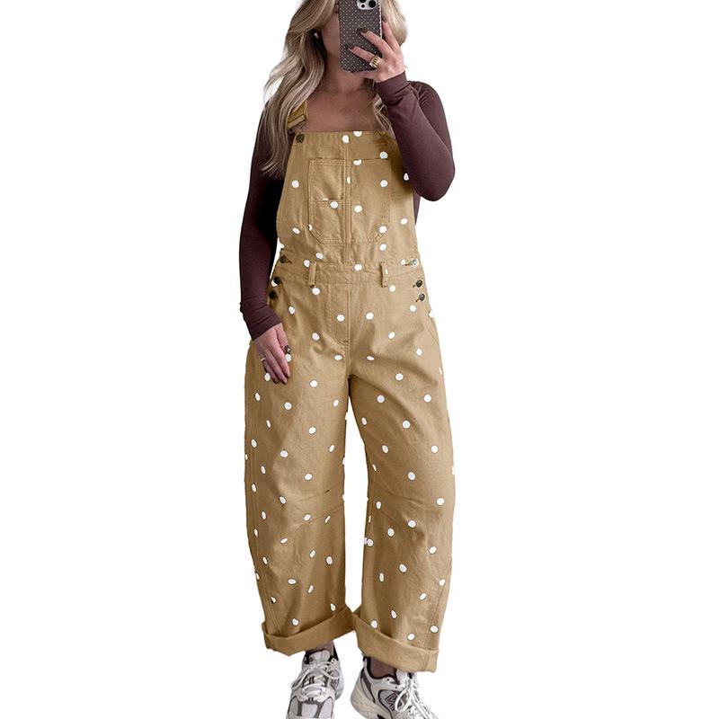 

2026 Summer Women s Polka Dot Denim Jumpsuit with Multi-Pockets - European & American Fashion Trend S