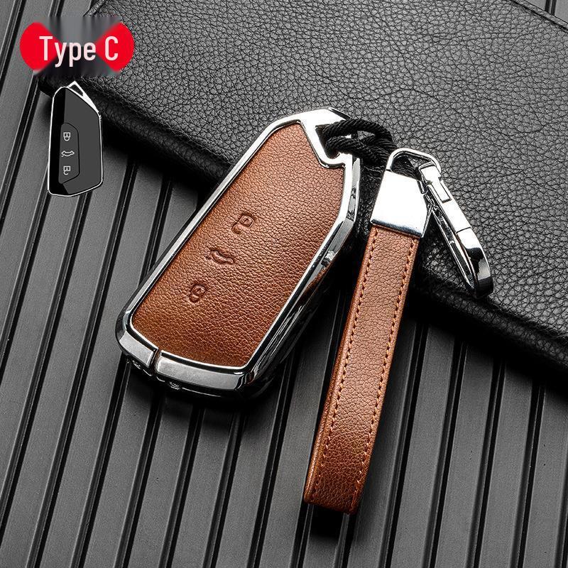 Volkswagen/Skoda Double-Sided Leather Zinc Alloy Car Key Case - Non-Signal Blocking, Full-Wrap Design