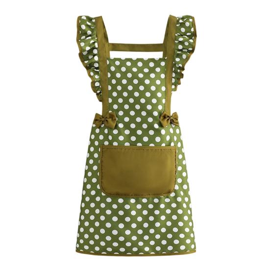 

Twill Cotton Apron with Polka Dot & Ruffle Straps Water-Resistant Kitchen Apron for Cooking Baking Breathable Large Front Pocket Home Apron зелёный