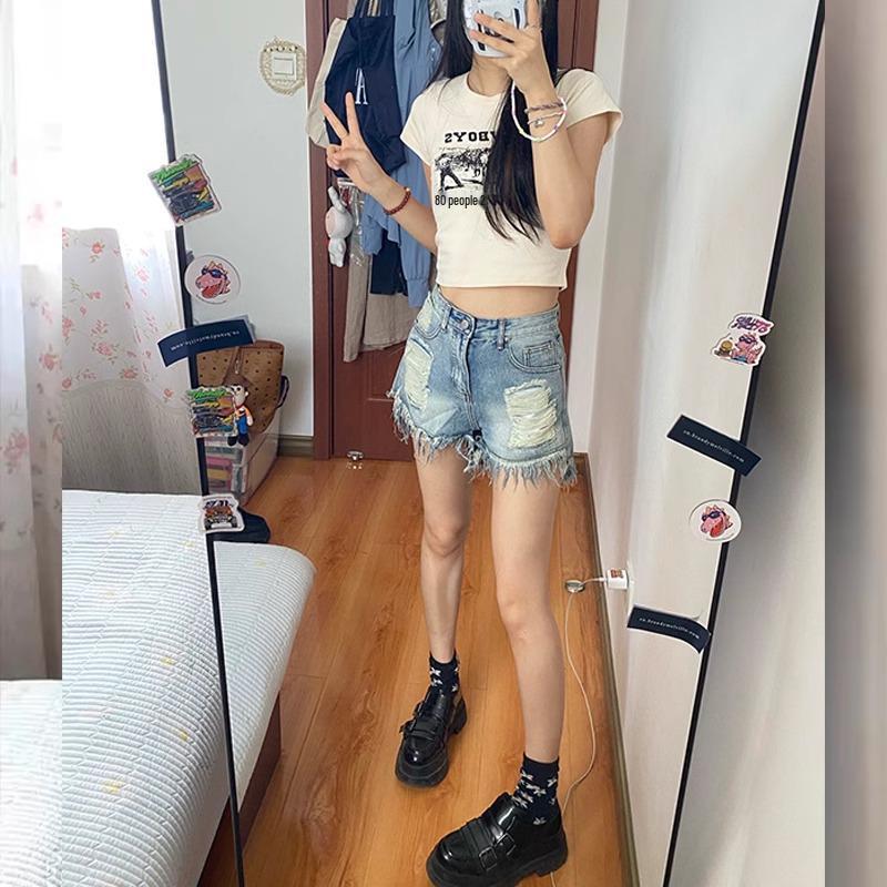 High-Waisted Ripped Vintage Wash A-Line Shorts for Women - Summer 2025 Collection