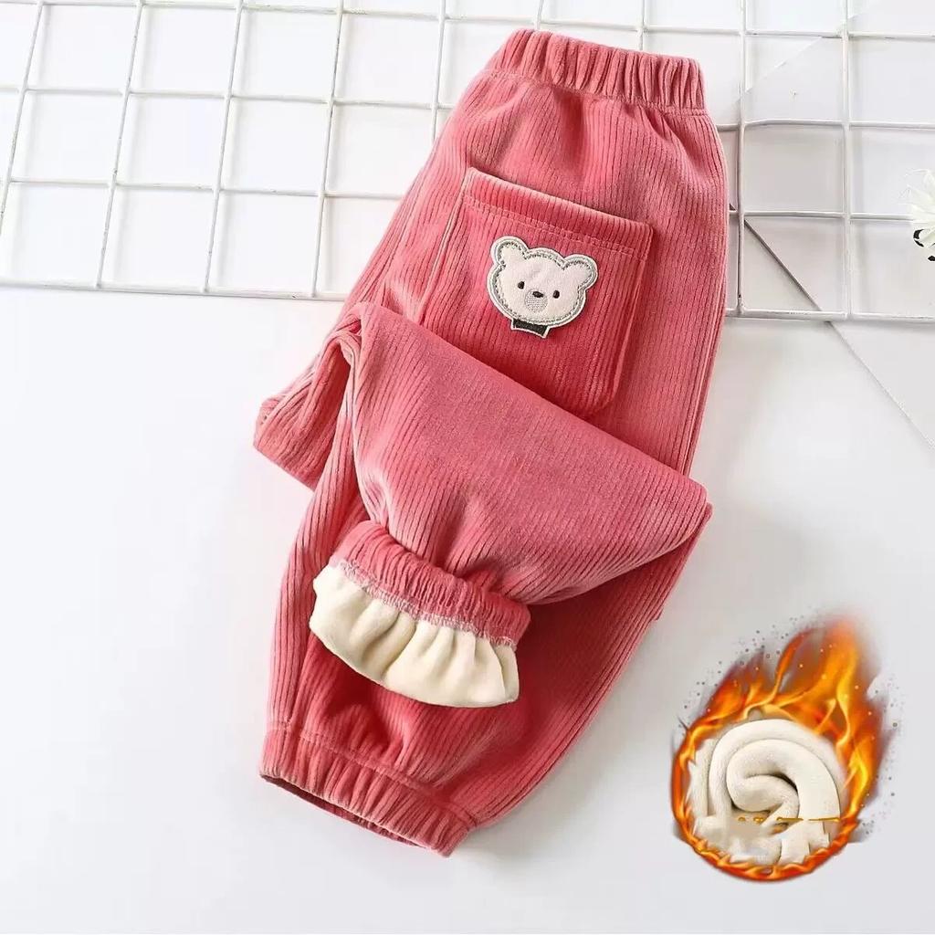 Autumn Winter Children's Fleece-lined Corduroy Pants Stylish Embroidery Casual Warm Trousers for Boys Girls