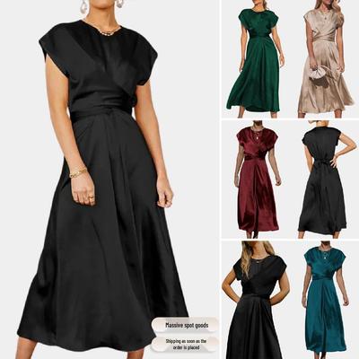 Sleeveless Satin Wedding Party Dress with Lace-up Waist and Ruffle Hem