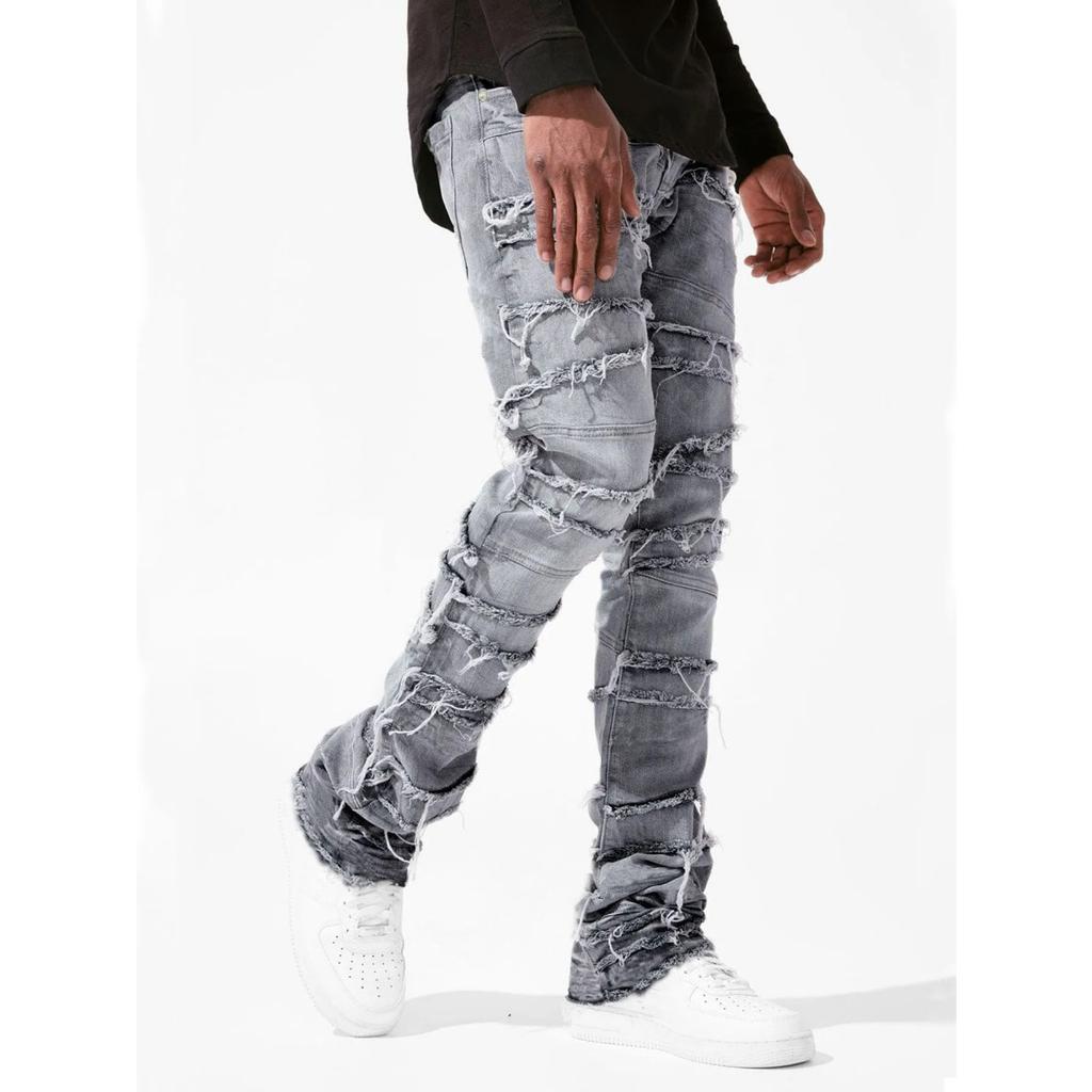 RogueWave Straight Pant Men Jeans Denim Pants Slim Fit Irregular Folds Tassel Splice Simple Button Pocket High Street Trousers