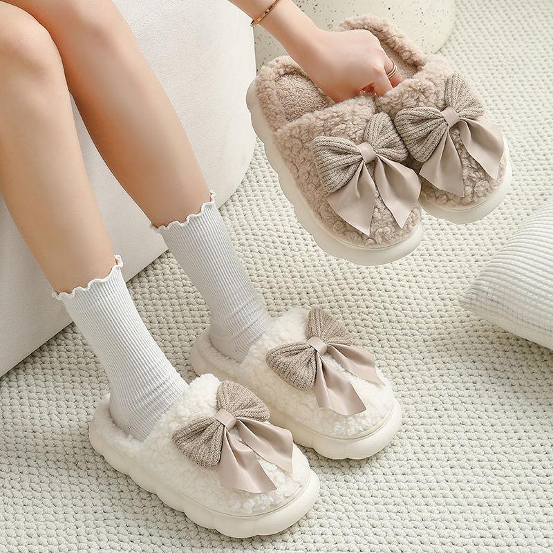 Bow cotton slippers autumn and winter new thick-bottomed indoor home non-slip warm plush slippers