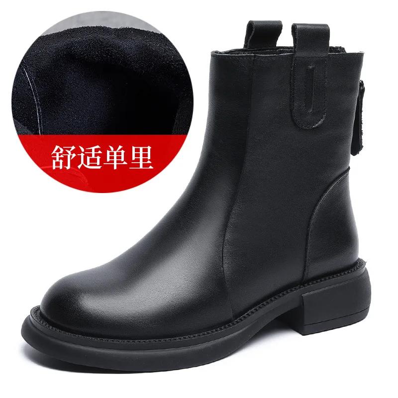 Fashion Autumn and Winter Genuine Leather Chelsea Boots for Women's 2025 New British Short Boots Women Brown Mid pipe Smoke Pipe Boots